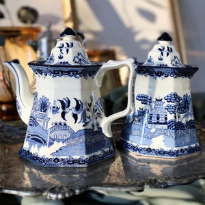 Antique Blue Willow Ironstone Teapot & Biscuit Barrel Set | E.C. Challinor Staffordshire Transferware | 19th Century English Pottery