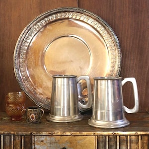 Vintage Pair of English Pewter 1 Pint Beer Mug Handled Tankards, Handmade Pewter Beer Tankards, English Pewter Company Pint Pair, Beer Gift