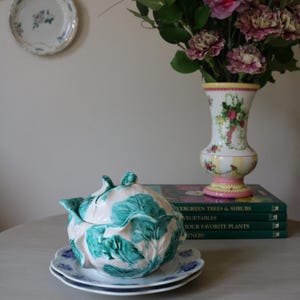 VTG Lidded Cabbage Bowl Rare Turquoise, Handmade Cabbage Ware Signed Pottery, Farmhouse Decor, Vignette Cabbage Decor, Cottagecore Decor