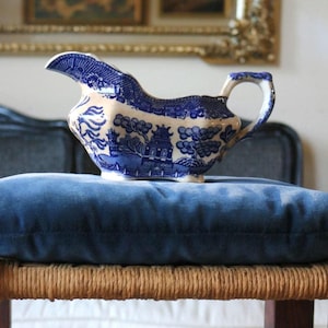 Antique 1930s Allerton’s Blue Willow Gravy Boat, Scalloped Ironstone Transferware