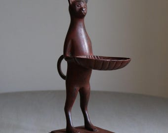 Vintage Heavy Metal Cat Sculpture with Shell Tray | Brutalist Feline Catchall Dish | Mid Century Modern Figurative Decor | Sculptural Trinke