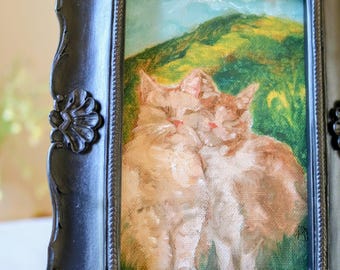 Original Cat Oil Painting, “Content — Happy Cats”, 4x6 Framed Mini Art, Cat Lover Gift, Cozy Whimsical Animal Painting