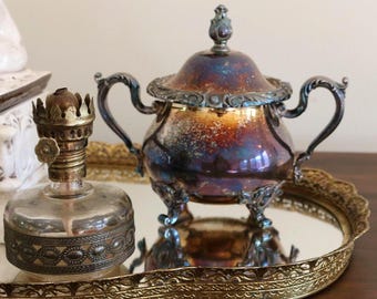 Vintage Wilcox International Silver Co. Sugar Bowl with Lid — Ornate Footed Silverplate, Heavy Patina — Antique Tea Service Accent