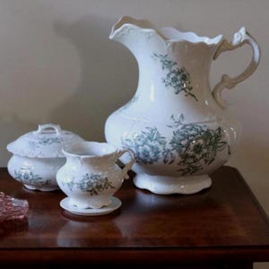 Antique J&E Mayer Green Floral Chamber Set, Victorian Pitcher, Ironstone Washstand Set