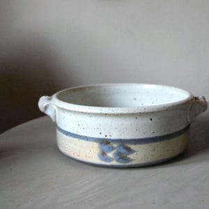 Vintage Studio Pottery Handled Bowl | Signed Artisan Stoneware | Rustic French Country | Speckled Ceramic Serving Bowl | 10.5”