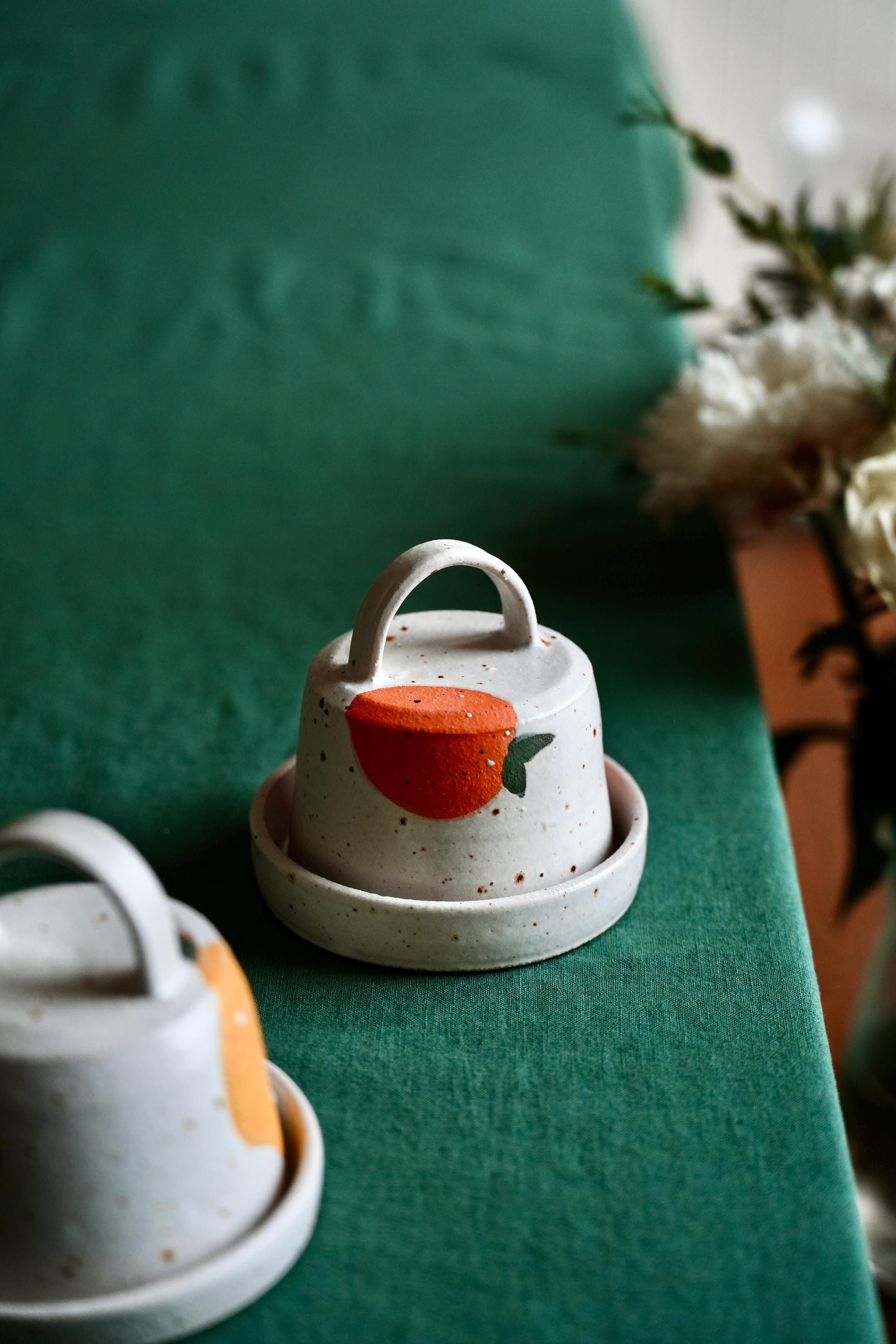 Handmade ceramic minimalist pottery hand paint orange butter dish/speckle butter dish/ handmade butter dish