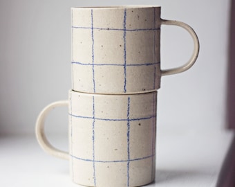 Handmade ceramic minimalist pottery/hand paint stripe mug/check mug/tea mug/ coffee mug/Christmas present