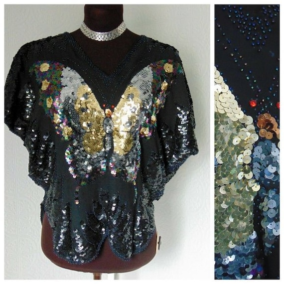 Vintage 70s Sequin Butterfly Top Vintage Disco Top