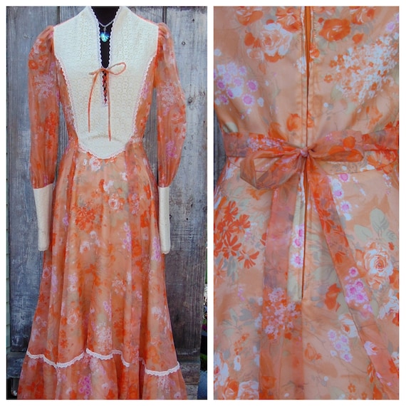 Vintage 70s Boho Maxi Dress Renaissance Dress Gown
