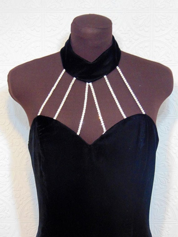 Vintage Black Velvet Halter Dress Rhinestone Spide