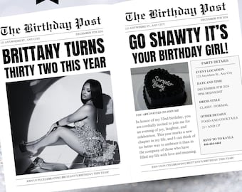 Birthday Newspaper Invitation, Editable Newspaper Birthday Invitation, Birthday Newspaper, Large Newspaper Canva Template, Newspaper Print