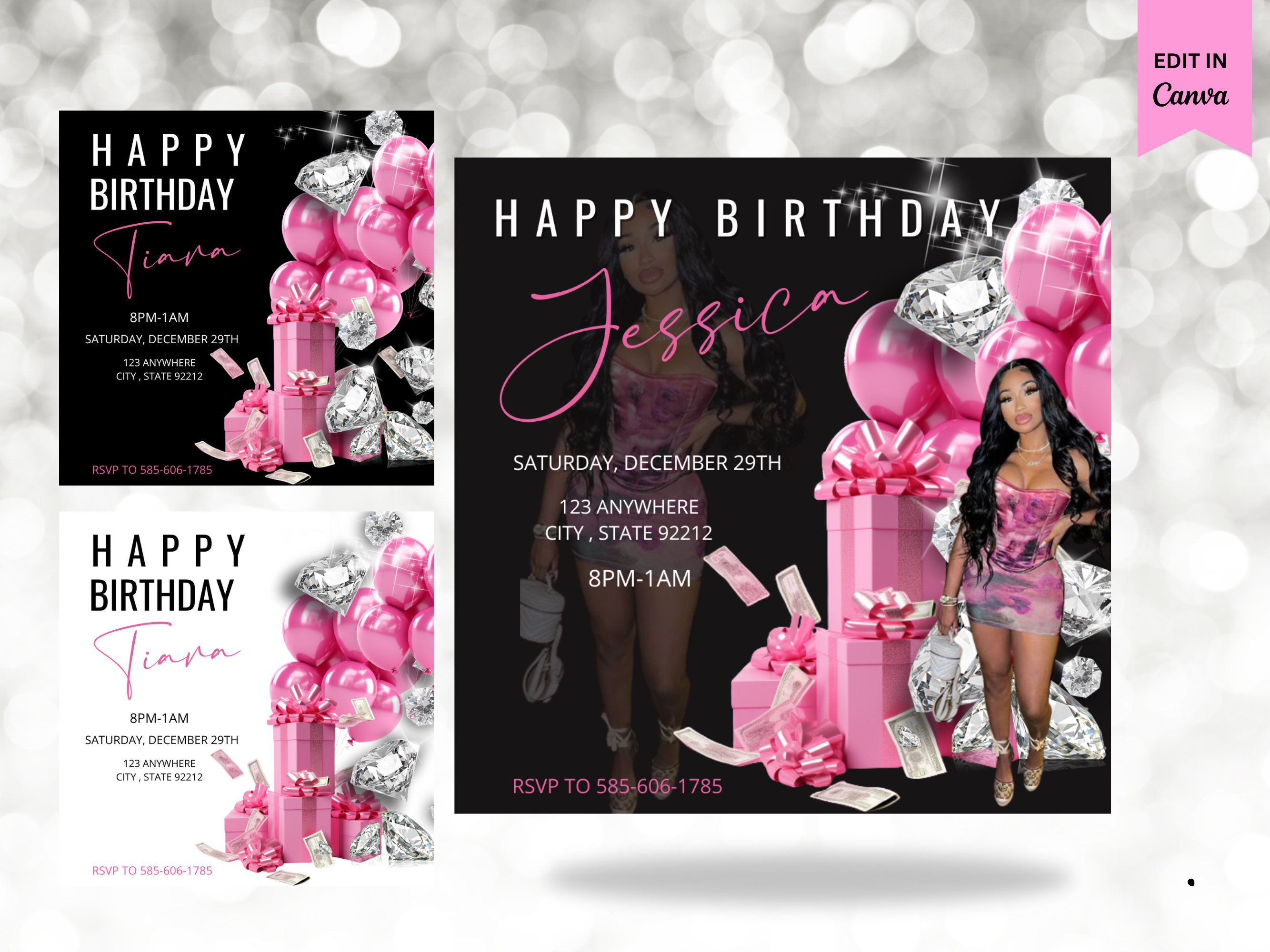 Baddie Birthday, Pink money cake birthday Flyer, Birthday Template, Birthday invite, invitation, Party invitation, E Invite