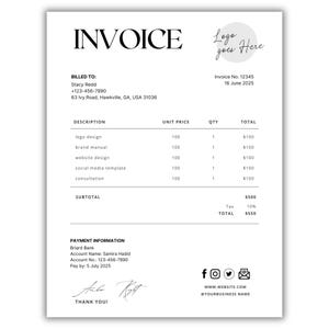 Editable Invoice Template for Small Business | Printable Billing & Receipt Form | Professional Invoice Template Download | Invoice | Canva