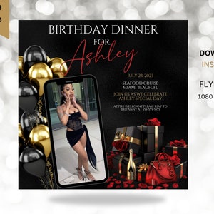 Birthday Flyer, Baddie Birthday, black and gold Birthday, Birthday Template, Birthday Dinner , Birthday girl invitation, Digital invitation