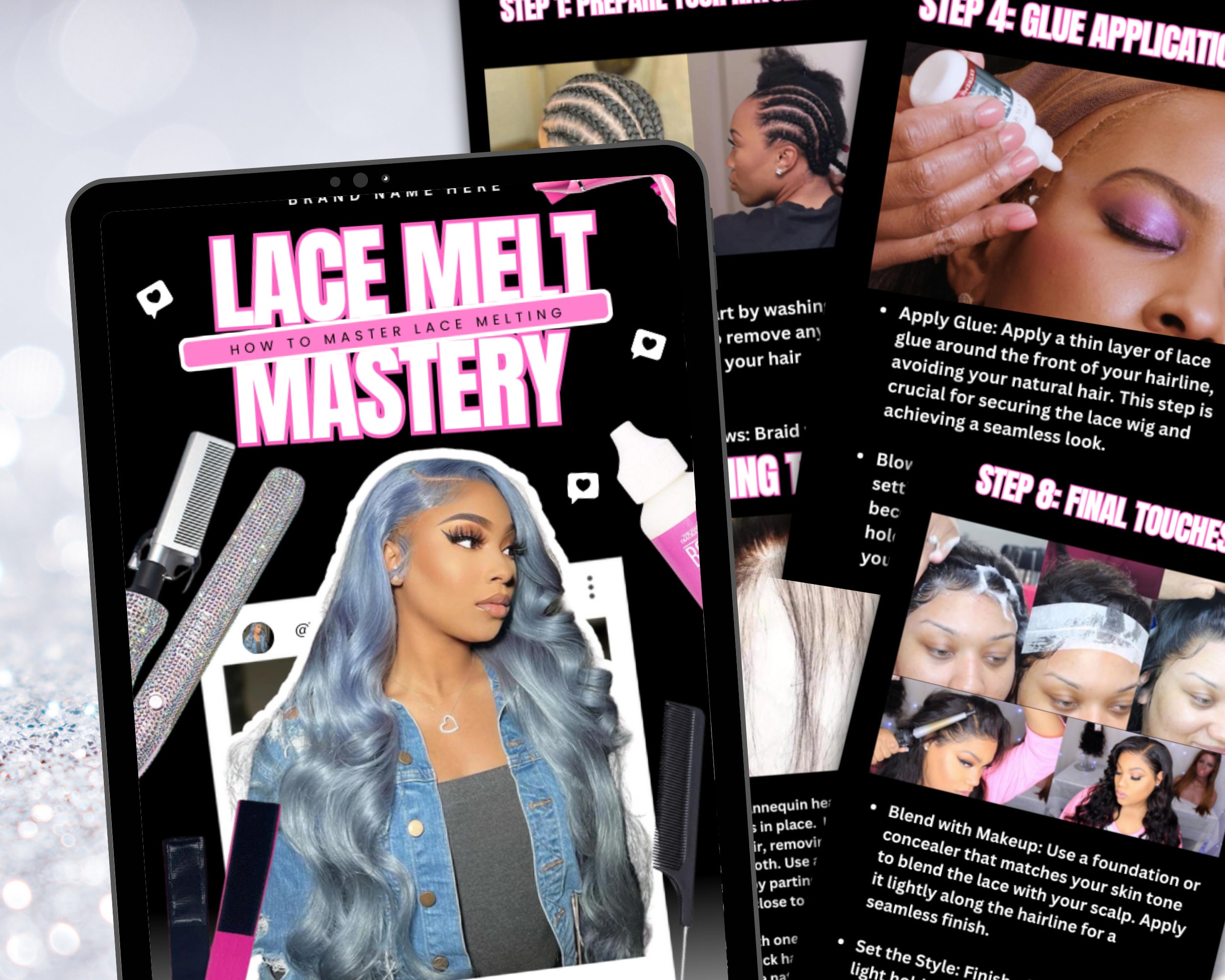 lace melt ebook, lace wig guide, done for you, plr, resale ebook, step by step guide , lace melt guide, hair guide, lace wig application,