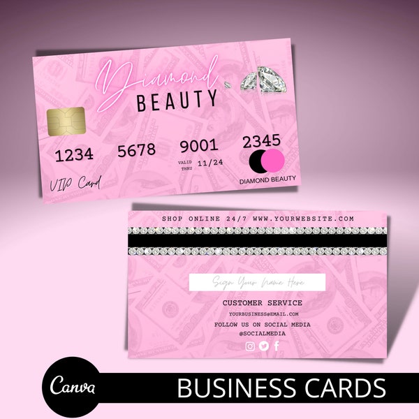 Business Card Template, Credit Card Styled Business Card, PVC Cards , money business card, Canva Template, DIY, Pink Business Card