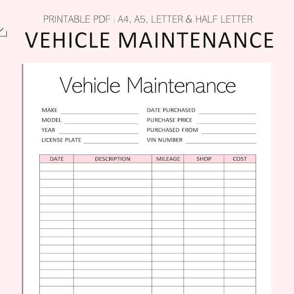 Vehicle Maintenance Log - Vehicle Service Tracker - Vehicle Repairs Expense Tracker - PDF - A4 - A5 - Letter - Half Letter