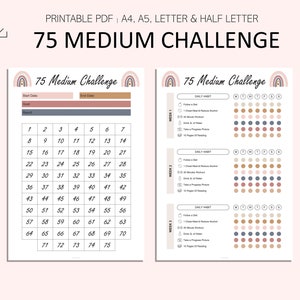 75 Medium Challenge Tracker - Boho 75 Challenge Printable - PDF - A4 - A5 - Letter - Half Letter