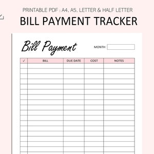 Monthly Bill Payment Tracker, Printable Bill Payment Checklist, Bill Planner,  Monthly Bill Log, Pay Checklist Organizer, Budget Planner 