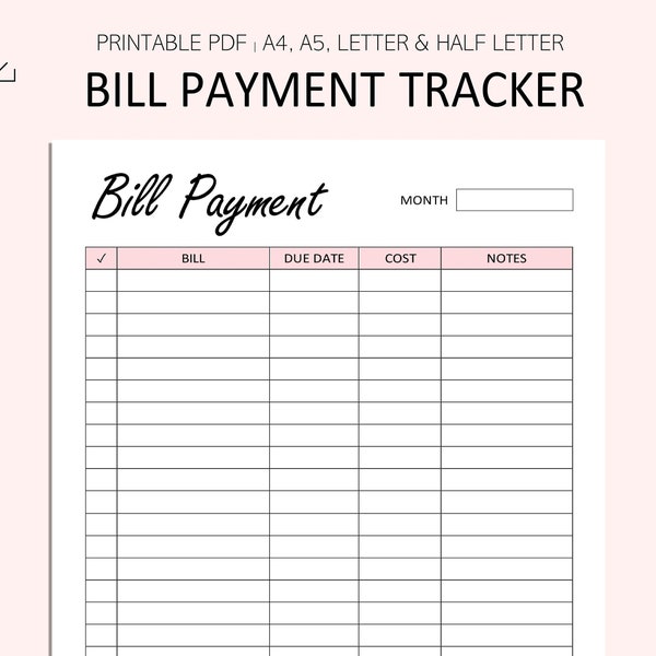 Bill Payment Tracker - Monthly Bill Payment Log - Bill Payment Checklist - Utility Payment Tracker - Utility Log -  PDF- A4 - A5 - Letter