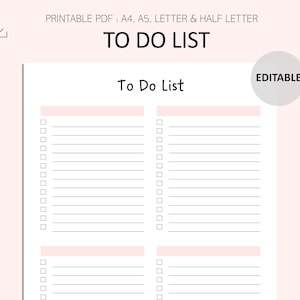Editable To Do List - 4 Category To Do List Printable - Editable Checklist - Productivity Planner - PDF