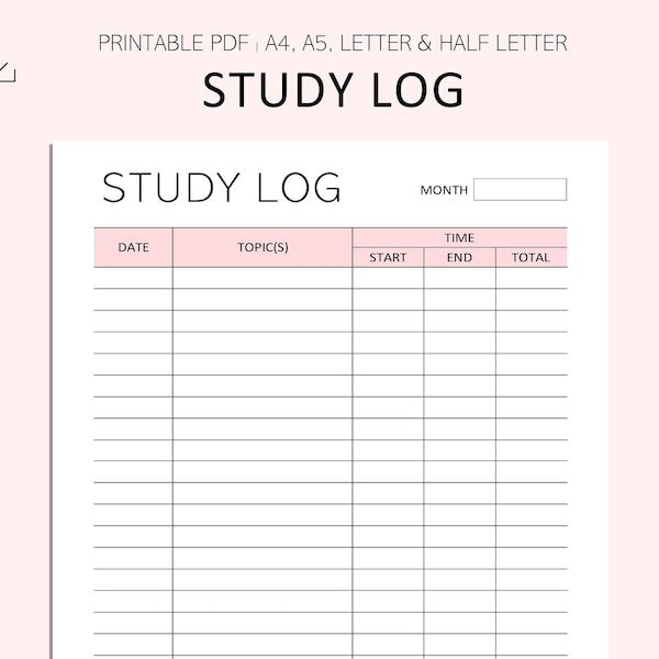Study Log Printable - Study Hours Tracker - Revision Log - Hours Spent Studying - Study Hours - Study tracker - PDF - A4 - A5 - LETTER