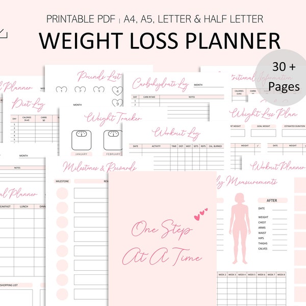 Pink Weight Loss Planner - Weight Loss Tracker - Diet Printables - Weight Loss Printables - PDF- A4 - A5 - Letter