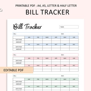 Editable Bill Tracker Tracker - Bill Log - Annual Bill Log - Utility Tracker Printable - PDF - A4 - A5 - Letter - Half Letter