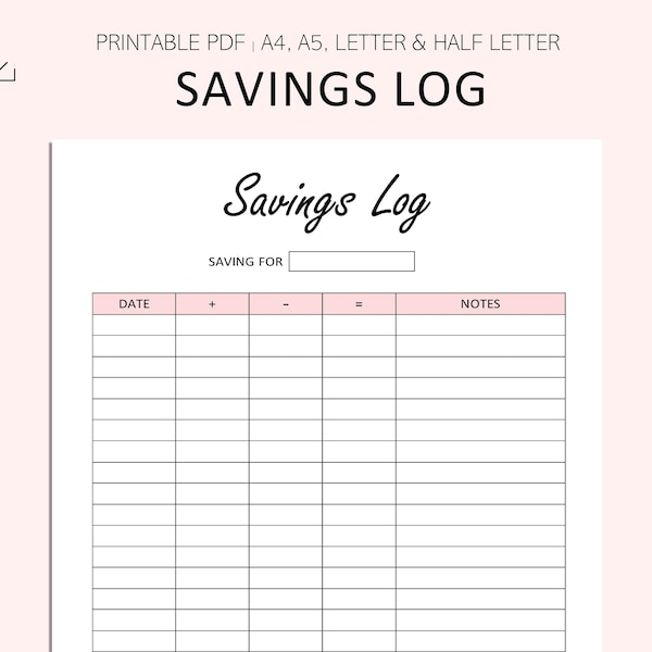 Savings Log Printable - Savings Tracker - Savings Goal - Savings Sheet - PDF - A4 - A5 - Letter - Half Letter