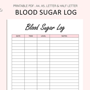 Blood Sugar Log Printable - Blood Sugar Reading Tracker - Blood Glucose Tracker - Diabetes Printable- PDF - A4 - A5 - Letter - Half Letter