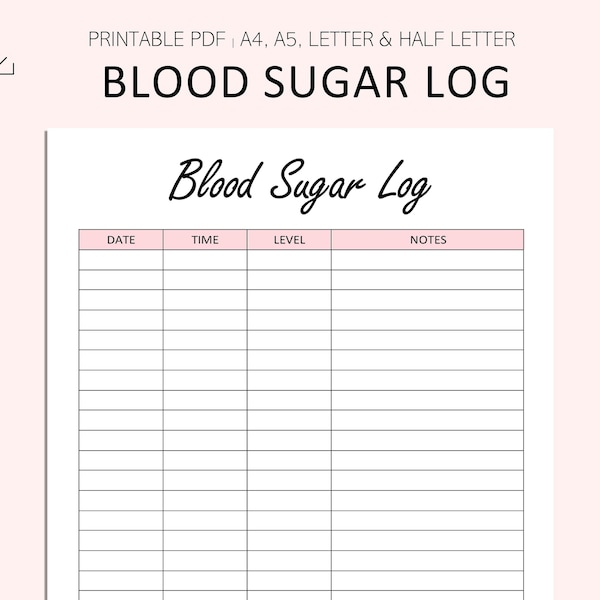 Blood Sugar Log Printable - Blood Sugar Reading Tracker - Blood Glucose Tracker - Diabetes Printable- PDF - A4 - A5 - Letter - Half Letter