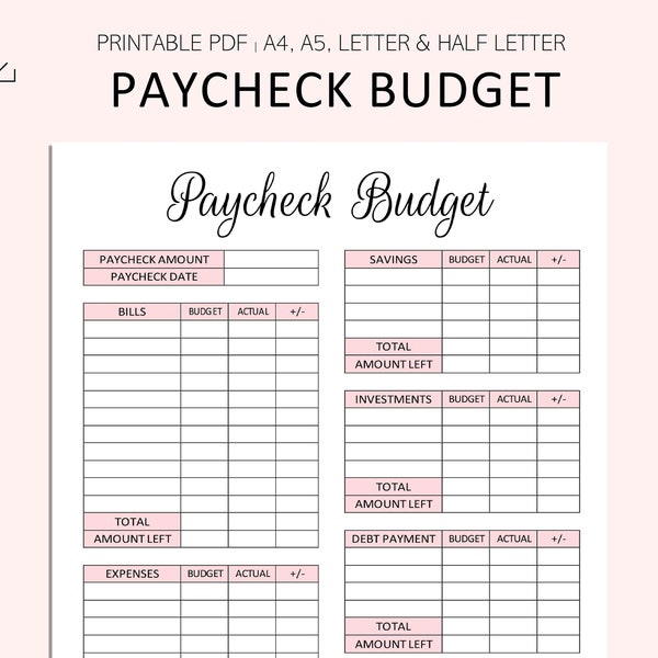 Paycheck Budget Printable - PDF - A4 - A5 - Letter - Half Letter