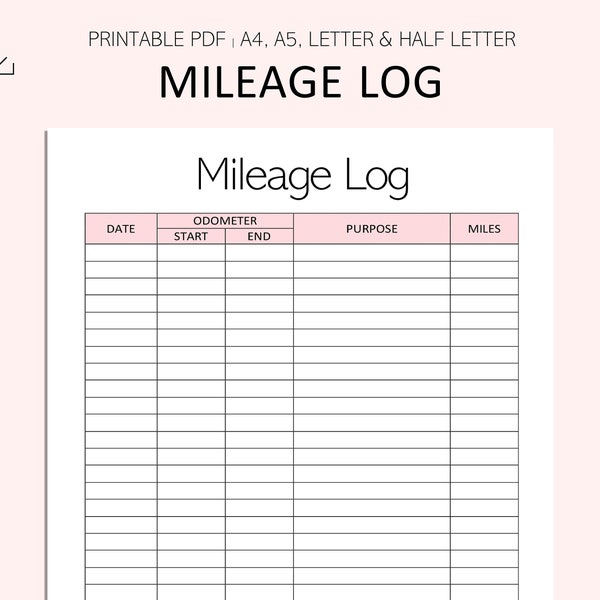 Mileage Log Printable - Vehicle Miles Travelled Tracker - Mileage Tracker - Car Mileage Printable - PDF - A4 - A5 - Letter - Half Letter