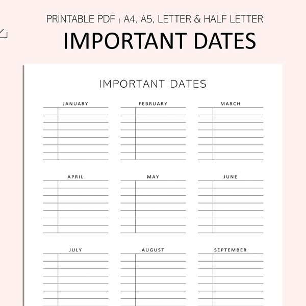 Important Dates Log - Key dates - Dates To Rember Printable - Important Dates Printable - PDF