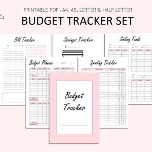 Può includere: Un set di tracker di budget stampabile che include una raccolta di fogli di pianificazione finanziaria come Bill Tracker, Savings Tracker, Sinking Funds, Budget Planner e Spending Tracker con accenti rosa e testo nero.