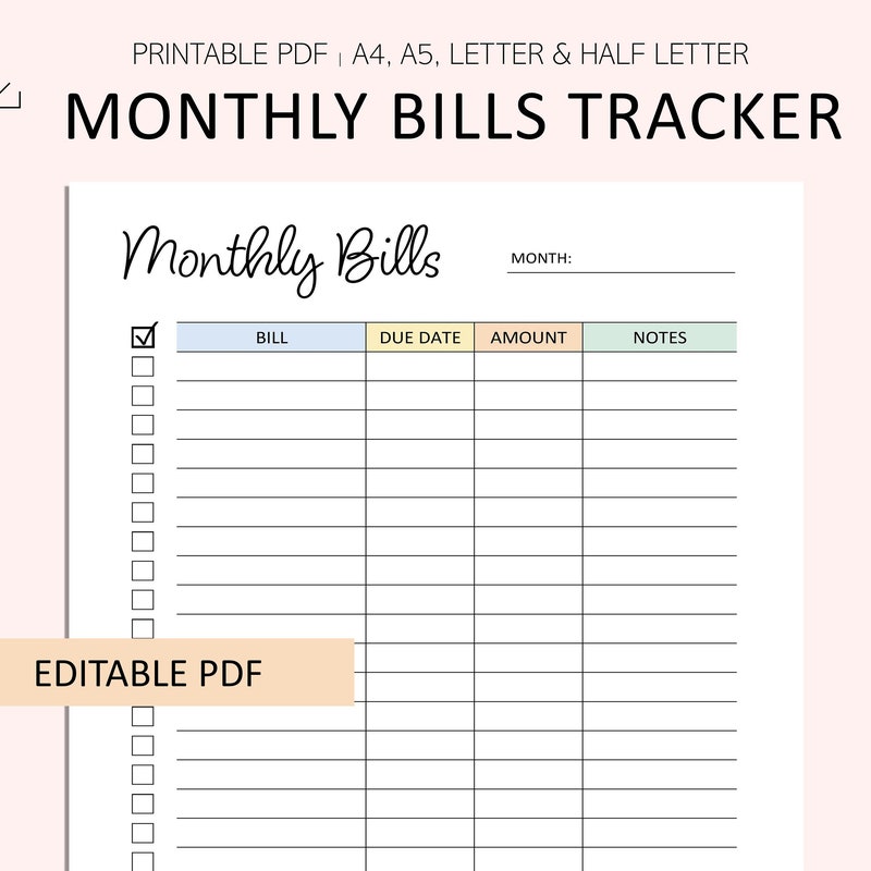 Free Bill Tracker Etsy