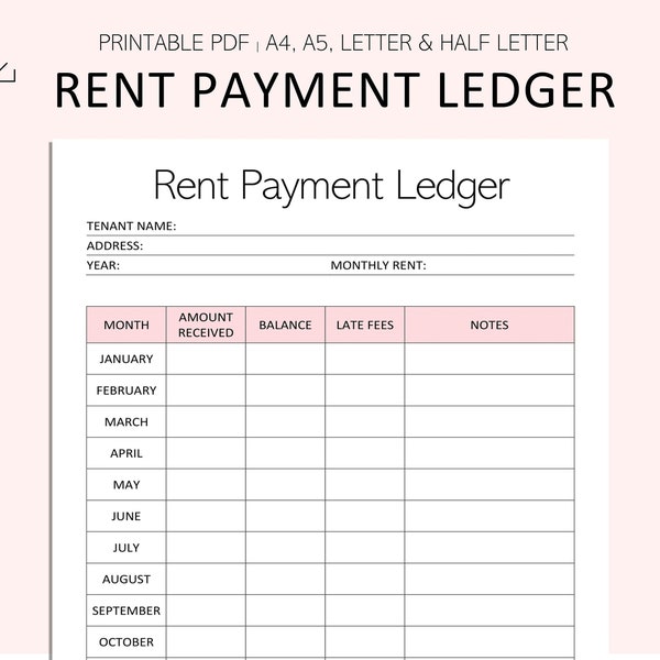 Rent Payment Ledger Printable - Tenant Payment Tracker - Rent Payment Log - PDF - A4 - A5 - LETTER