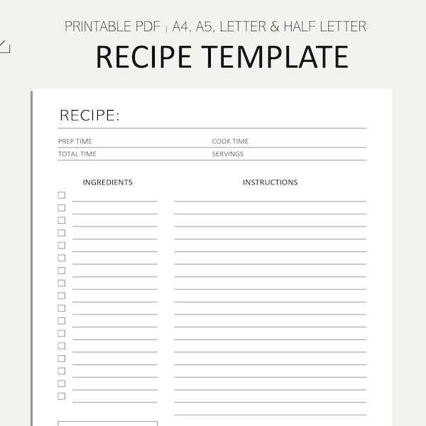 Editable Recipe Sheet Printable - Recipe Sheet - Recipe Instructions - Recipe Page - Meal Ideas Template - PDF