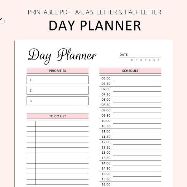 Day Planner Printable - Daily Schedule Printable -  30 minute interval - PDF - A4 - A5 - LETTER