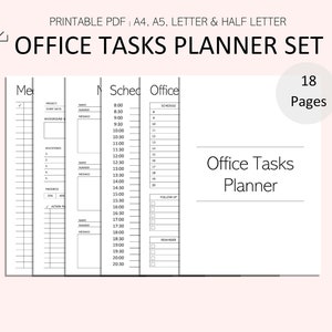 Può includere: Un set di pianificatori di attività per ufficio in PDF stampabile con 18 pagine nei formati A4, A5, letter e half letter. Le pagine presentano layout in bianco e nero per programmi, traguardi di progetto e promemoria.