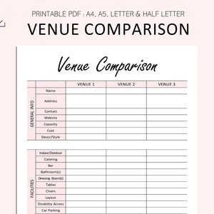 Venue Comparison Printable - Event Planning - Venue Details - Venue Checklist -  PDF - A4 - A5 - Letter - Half Letter