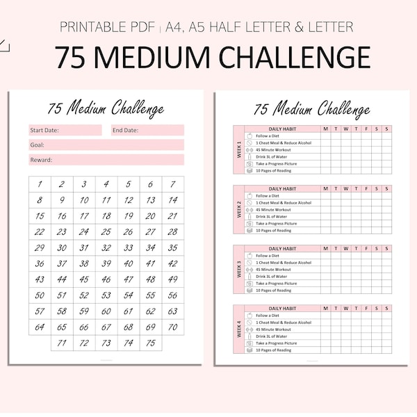 75 Medium Challenge Tracker - 75 Challenge Printable -  PDF - A4 - A5 - Letter - Half Letter