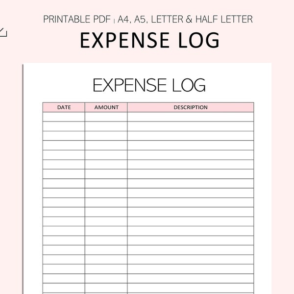 Expense Log Printable - Expense Tracker - Spending Sheet - Purchase Log - Personal Finance Printable - PDF - A4 - A5 - Letter - Half Letter