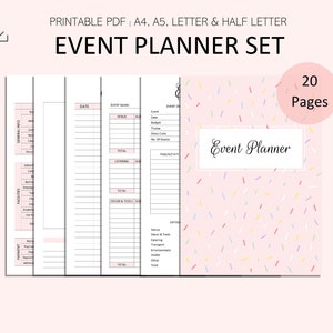 Può includere: Set di pianificatori di eventi stampabile con 20 pagine. La copertina presenta uno sfondo rosa con confettini colorati e il testo "Event Planner". Le pagine interne includono sezioni per informazioni generali, budget, catering, decorazioni e attività.