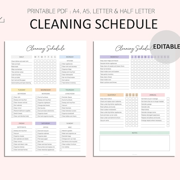 Editable Cleaning Schedule - Cleaning Planner Printable - Cleaning checklist - 2 Page Cleaning Checklist - Digital PDF