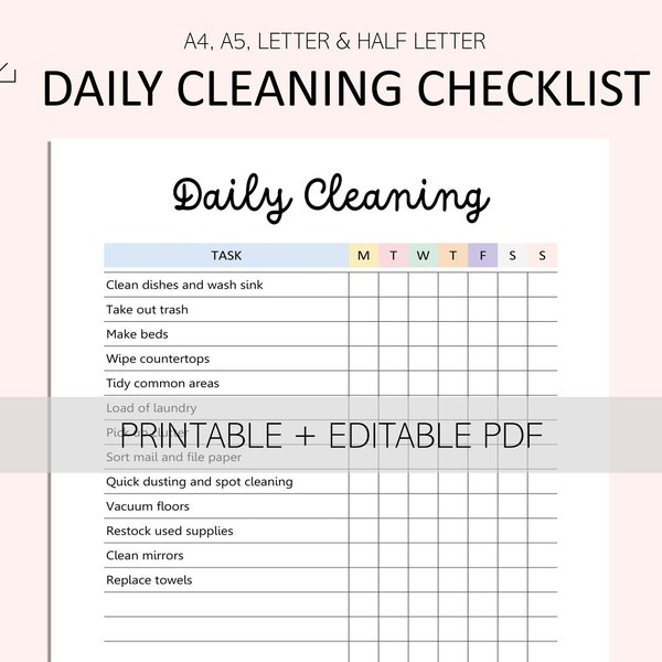 Editable Daily Cleaning Checklist - Daily Chores Planner - Daily Tasks List - Cleaning Tasks Printable - PDF
