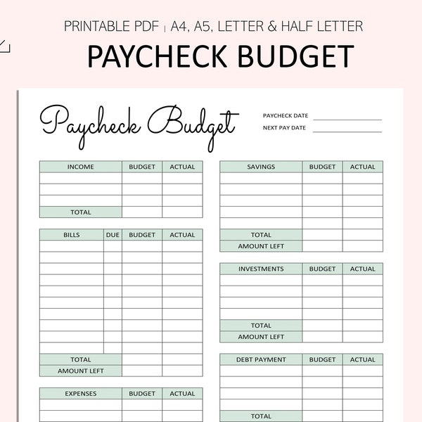 Paycheck Budget Printable - Budget Planner - Budget Overview Template - Budget Template - Paycheck Template - PDF - A4 - A5 - LETTER