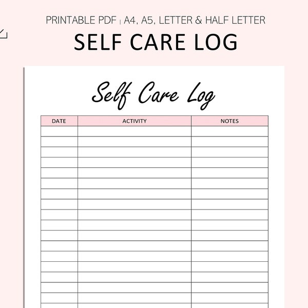 Self Care Log - Self Care Tracker - Habit Tracker Printable -  PDF - A4 - A5 - LETTER