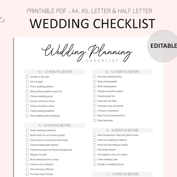 Editable Wedding Planning Checklist- Wedding Planning Printable - Wedding To Do List - Wedding Planner - PDF - A4 - A5 - LETTER