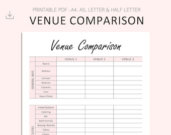 Venue Comparison Printable - Event Planning - Venue Details - Venue Checklist -  PDF - A4 - A5 - Letter - Half Letter